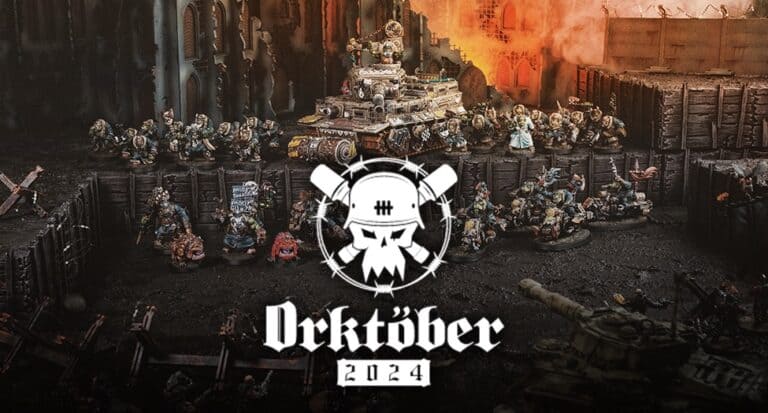 A diorama of intricately crafted Kromlech orc miniatures, featuring a tank amidst ruins and fog. In the foreground, "Orktober 2024" is boldly displayed with a stylized skull and crossbones, enhancing the dramatic and atmospheric scene.