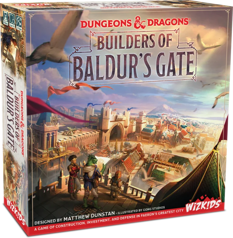 Board game box for "Dungeons & Dragons: Builders of Baldur's Gate" by WizKids, featuring fantasy artwork of a cityscape with characters overlooking the scene. Text includes the game's title and designer.