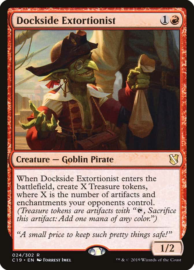 The Magic: The Gathering card, featuring Dockside Extortionist—a Goblin Pirate—is a strategic choice, especially in formats closely watched by the Commander Rules Committee. It depicts a goblin with a sack, ready to conjure Treasure tokens for just 1 colorless and 1 red mana.