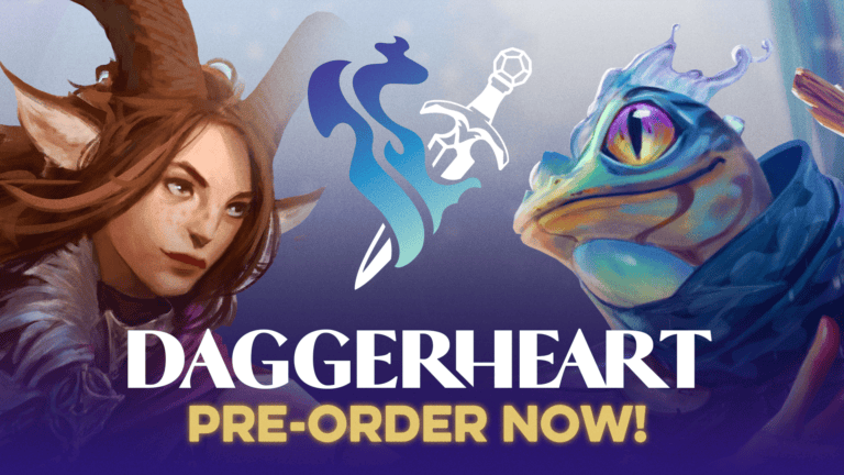 Fantasy-themed illustration showcasing a horned female warrior beside a colorful, magical creature. A dagger and heart symbol adorn the background. Text reads, "Daggerheart Final Version Pre-order Now!