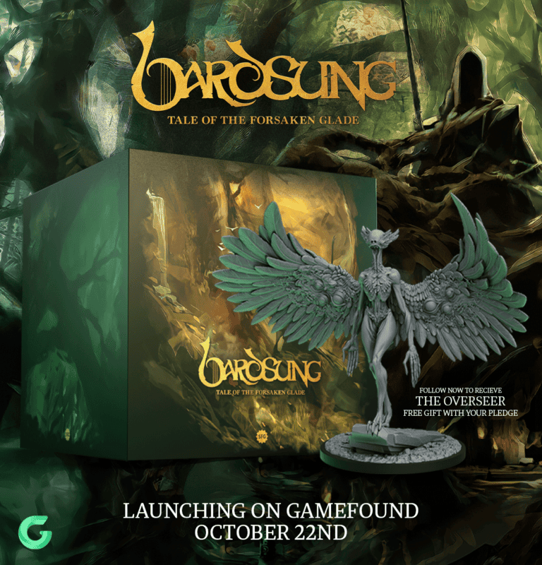 Image of a board game box titled "Bardsung: Tale of the Forsaken Glade" alongside a winged statuette. Text on the image announces a launch on Gamefound on October 22nd and mentions a free gift called "The Overseer" with pledges.