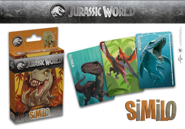 Similo: Jurassic World" by Horrible Guild is a captivating board game. The box showcases a cartoon dinosaur alongside three vibrant cards featuring an Indoraptor, Pteranodon, and Mosasaurus.