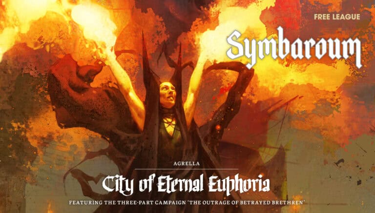 A mystical figure shrouded in dark robes with outstretched arms emerges from fiery, golden smoke. Text reads "Symbaroum: Agrella, City of Eternal Euphoria," a three-part campaign by Free League Publishing titled "The Outrage of Betrayed Brethren.