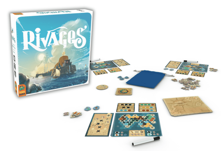 Image of "Rivages," an engaging draft-and-write board game by Pandasaurus Games. The set includes a box with nautical artwork, a map board, various tiles, tokens, smaller maps, and a blue pouch, all artfully arranged on a white surface.
