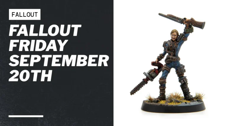 A promotional image for "Fallout Friday, September 20th" showcases a detailed model figure of a Vault Legends character in combat gear, wielding a chainsaw and holding a sawed-off shotgun aloft, standing on a grassy base. Could Zetans be lurking nearby?