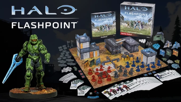 Image of the Halo: Flashpoint board game set from Mantic Games, featuring an array of pieces, cards, maps, and a large figurine of a green armored character. The game's title is prominently displayed in the top left corner ahead of its exciting November launch.