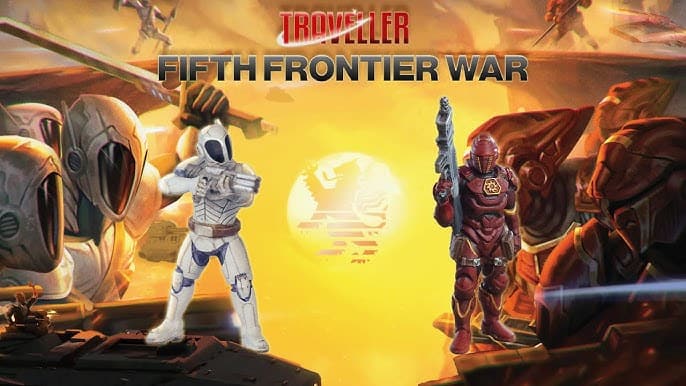 Cover art for "Fifth Frontier War" from the Traveller series, showcasing Kickstarter-backed miniatures of two armored figures wielding futuristic weapons against a vibrant sci-fi backdrop. Bold title text is prominently displayed at the top center.