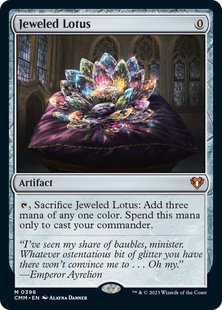 The Magic: The Gathering card "Jeweled Lotus" features a multi-colored, gem-encrusted flower in an ornate room. As an artifact costing 0 mana, it can be sacrificed for three mana of any color for a commander, making it a subject of interest among the Commander Rules Committee.