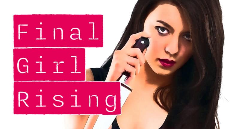 Illustration of a woman with long dark hair holding a knife, exuding determination. The text "Final Girl Rising" is boldly displayed on pink rectangles to her left. This iconic image serves as the chilling cover for the Slasher Horror TTRPG hitting Kickstarter soon. Background is plain white.