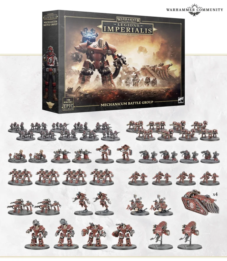 Experience the stunning New Launch Box: Warhammer Legions Imperialis Mechanicum Battle Group. It features intricately designed figures of soldiers, mech units, and a vehicle on display stands, all enveloped by artwork depicting a large mech in an epic battle setting.