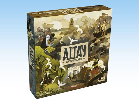 The image showcases a board game box titled "Altay: Dawn of Civilization," a new release from Ares Games. The artwork, rich in earthy tones and intricate details, depicts a landscape with mountains, birds, structures, and people in traditional clothing. Look for it at Essen Spiel 2024!