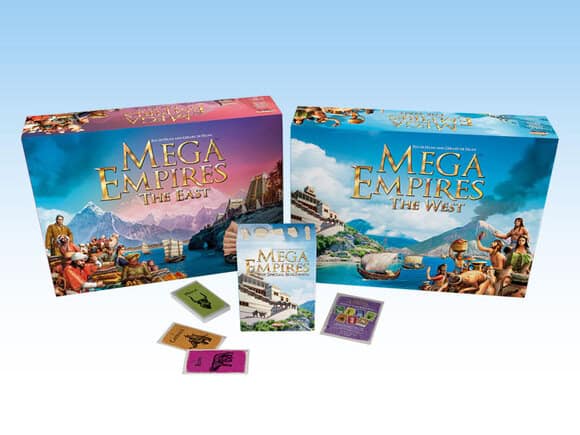 Image of two board game boxes titled "Mega Empires: The East" and "Mega Empires: The West," featured at Essen Spiel 2024. The packaging, by Ares Games, boasts colorful historical illustrations. Several cards and game pieces are displayed in front of the boxes, with exciting pre-order options available.