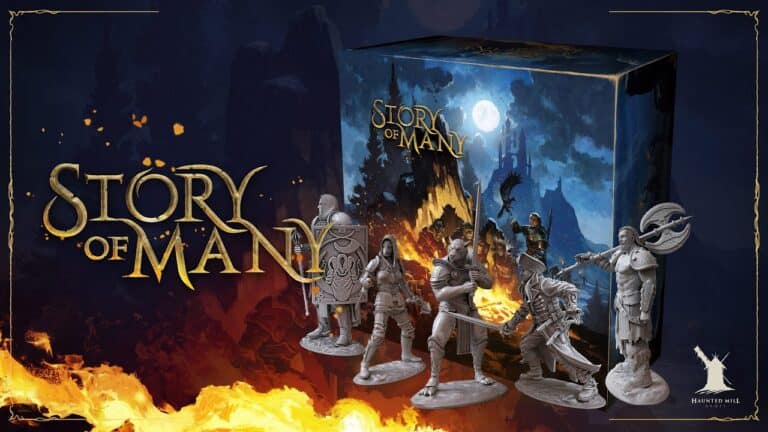 The "Story of Many" board game box showcases fantasy-themed artwork that promises a thrilling cooperative fantasy adventure. Five detailed character miniatures stand against a fiery backdrop, with the logo and "Haunted Hill" emblem prominently displayed. Perfect for fans eyeing their next crowdfunding venture.