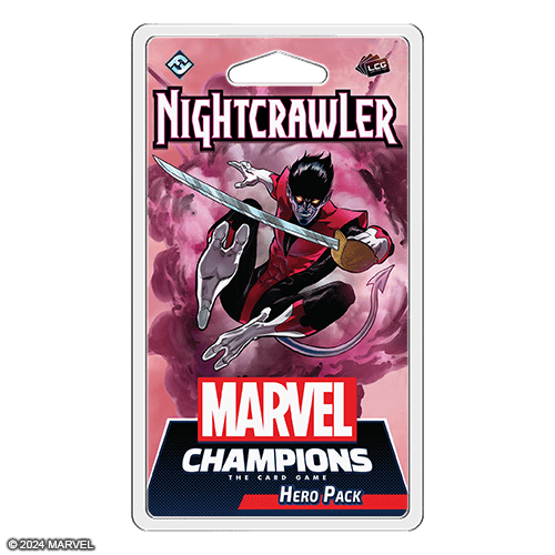 The image showcases a Marvel Champions Hero Pack highlighting Nightcrawler. The packaging features a dynamic illustration of him in action against a vibrant pink and purple backdrop. Bold text announces "Nightcrawler" above and "Marvel Champions Hero Pack" below, capturing the essence of heroism.