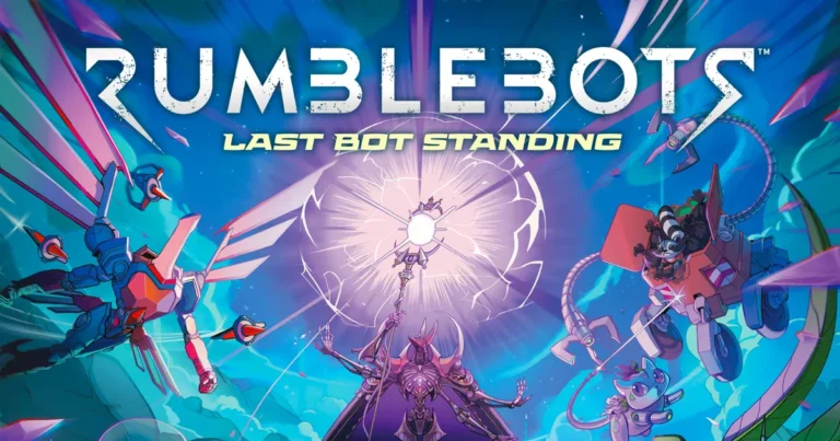Colorful poster for "Rumblebots: Last Bot Standing," a featured new release at Essen Spiel 2024, showcases futuristic robots with weapons against a dynamic, cosmic backdrop. The central light source creates a dramatic highlight, while the DV Games title stands prominently at the top.