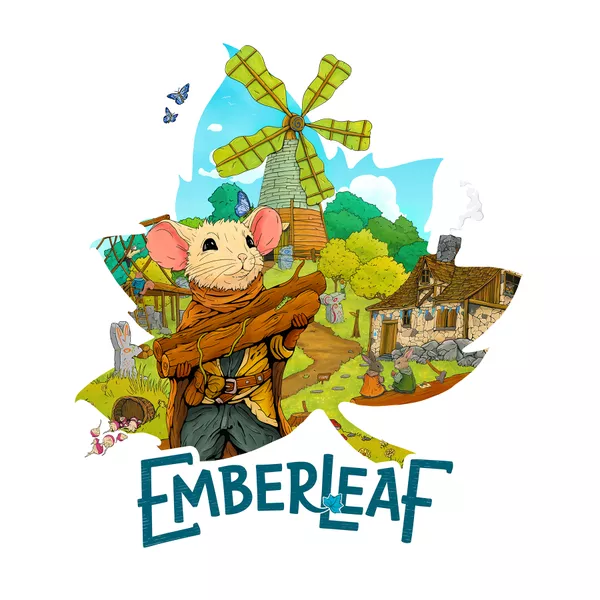 Illustration of a mouse wearing rustic clothes, standing proudly with a countryside village, windmill, and other mice in the background. The scene resembles a whimsical card-dancing game, all framed by the shape of a leaf with the word "Emberleaf" awaiting its Kickstarter debut.