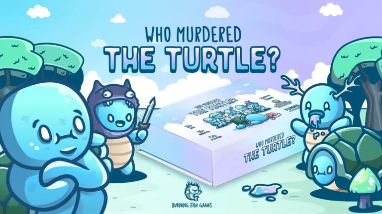 Cartoon-style illustration titled "Who Murdered the Turtle?" features colorful creatures in a whimsical scene reminiscent of Fish Games. A bespectacled turtle and a nervous creature with a knife gather around a mysterious box amidst vibrant trees, capturing the enchanting atmosphere of a Kickstarter project.