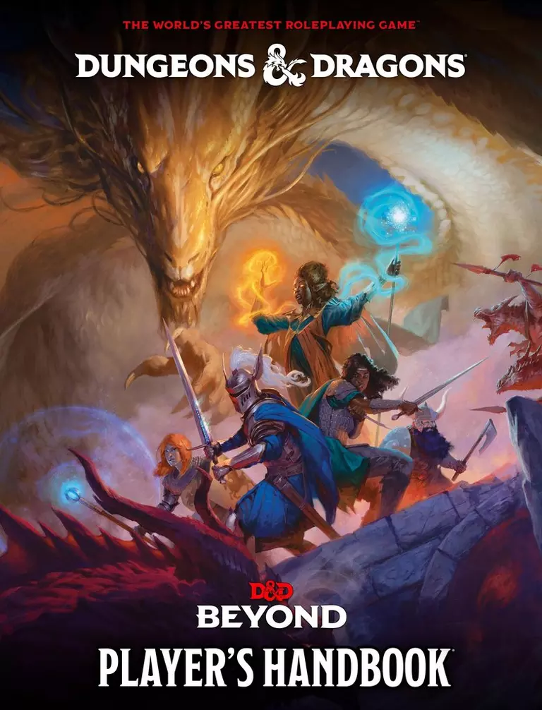 The 2024 release of the "Dungeons & Dragons: Player's Handbook" showcases adventurers battling a dragon. Under dramatic skies, characters wield weapons and magic, with the bold title prominently featured at the bottom.