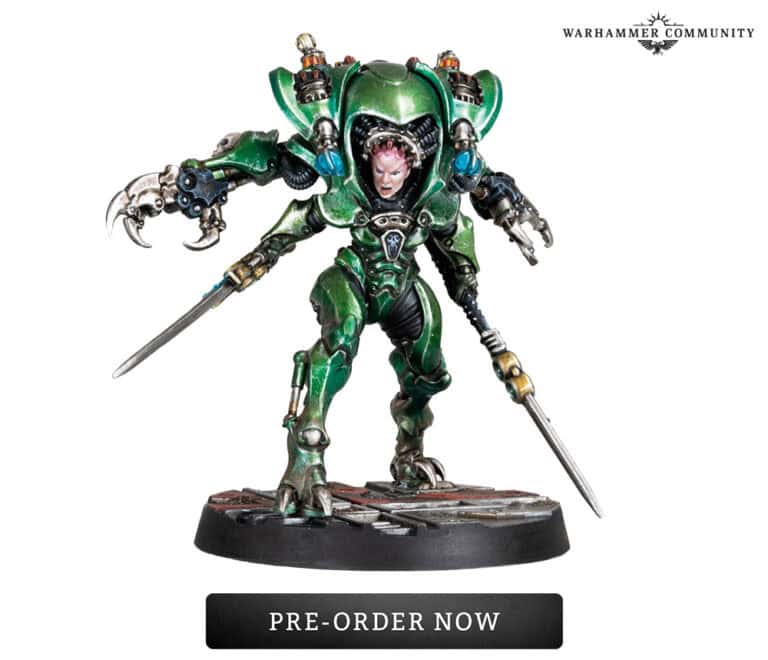 A green-armored sci-fi character with mechanical limbs, dual blades, and glowing elements stands on a base. It has a menacing stance and intricate details. The text reads "Pre-order Now" alongside the "Warhammer Community" logo, courtesy of Games Workshop.