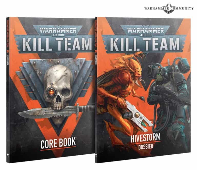 Two books titled "Warhammer 40,000 Kill Team." The "Core Book" showcases a skull with a knife, while the "Hivestorm Dossier" features alien creatures in battle armor. Both covers have a triangular design at the top, marking the new edition of this thrilling series.