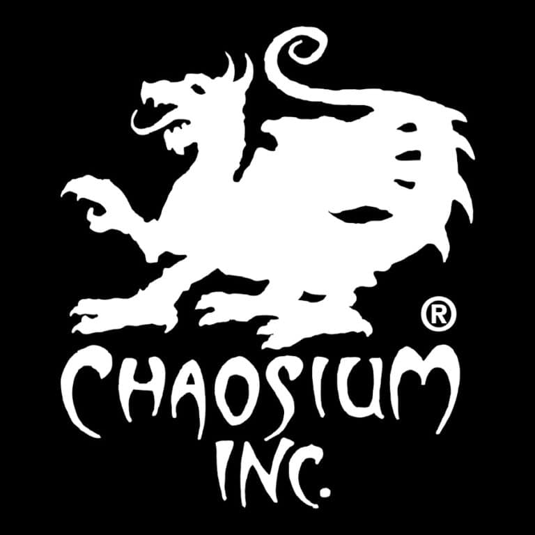 The image showcases the Chaosium Inc. logo, featuring a stylized white dragon-like creature on a sleek black background. Beneath it, "CHAOSIUM INC." is elegantly scripted in an artistic font, reminiscent of fantasy lore from Kobold Press.