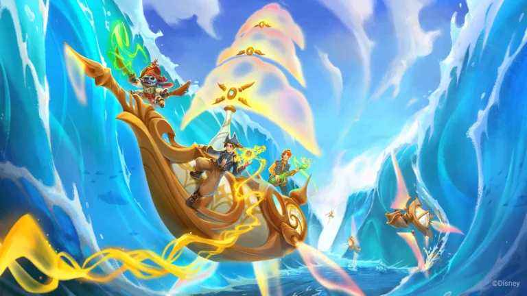 A vibrant animated scene depicts characters on a magical boat navigating through the towering waves of the Azurite Sea. Bright, swirling energy trails behind the boat as two smaller crafts follow closely, evoking a sense of adventure reminiscent of a Disney Lorcana tale.