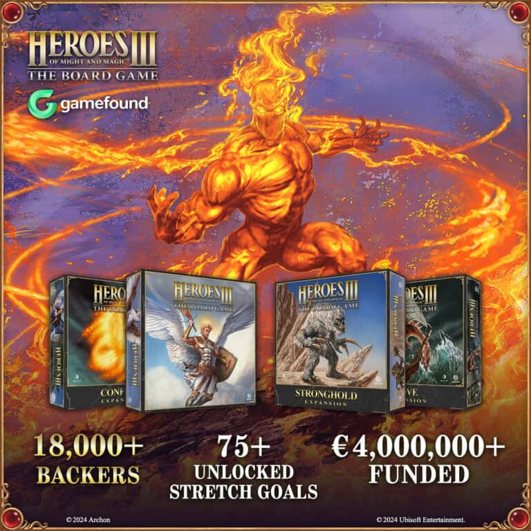 An image promoting "Heroes III: The Board Game" with vivid artwork of a fiery character. Highlighting 18,000+ backers and €4,000,000+ funded in the Gamefound Campaign with support for Heroes III. Features three game box illustrations and over 75 unlocked stretch goals at the bottom.