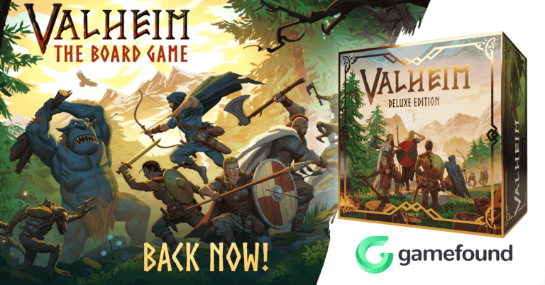 Illustration of "Valheim: The Board Game," featuring adventurers and a troll in a dense forest setting. A boxed set labeled "Deluxe Edition" is prominently displayed on the right. Text reads "Back Now on Gamefound!" alongside the Gamefound logo.