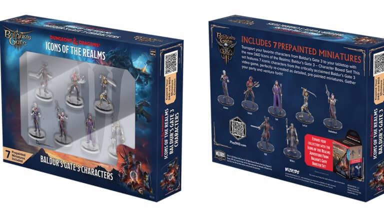 The image features a WizKids box set of "Icons of the Realms" miniatures labeled "Baldur's Gate 3 Characters." The front showcases seven pre-painted figures in a clear window, while the back presents detailed illustrations and descriptions of these iconic adventurers.