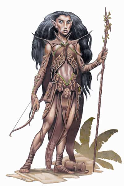 A fantasy elf warrior stands confidently, celebrating the D&D 50th Anniversary. Clad in armor made of natural materials, she wields a staff, her long dark hair flowing past pointed ears. A bow slung over her shoulder, she stands poised on a rock with a leafy plant behind her.