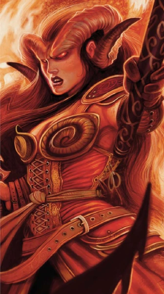 In celebration of D&D's 50th Anniversary, this fantasy artwork depicts a fierce female warrior with demonic horns. She dons ornate armor with swirling patterns, her long hair flowing as she wields a weapon surrounded by flames, capturing the intense energy found in the 2024 Player's Handbook.