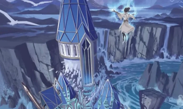 A fantasy scene unfolds with a person harnessing magical energy near a towering blue crystal structure by the sea, reminiscent of sights from the Dungeon Master’s Guide. The landscape features cliffs and turbulent waters, exuding an otherworldly atmosphere akin to tales spun by D&D Developers.