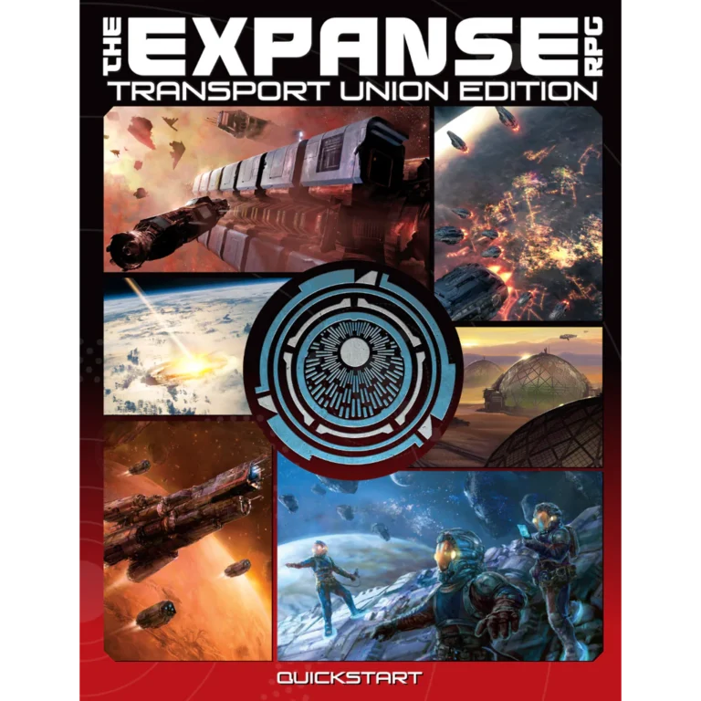 The cover of "The Expanse RPG: Transport Union Edition Quickstart" showcases dynamic sci-fi scenes, including spaceships, cosmic battles, and a planet landscape. Futuristic figures in spacesuits surround a central emblem design.