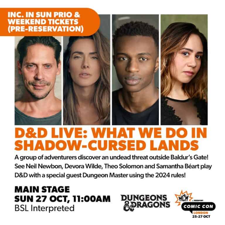 Promotional image for "D&D Live: What We Do in Shadow-Cursed Lands" at MCM Comic Con London, featuring elements from Baldur's Gate 3. Includes four people with event details: Sun 27 Oct, 11:00 AM, Main Stage. BSL interpreted and adorned with the Dungeons & Dragons logo.