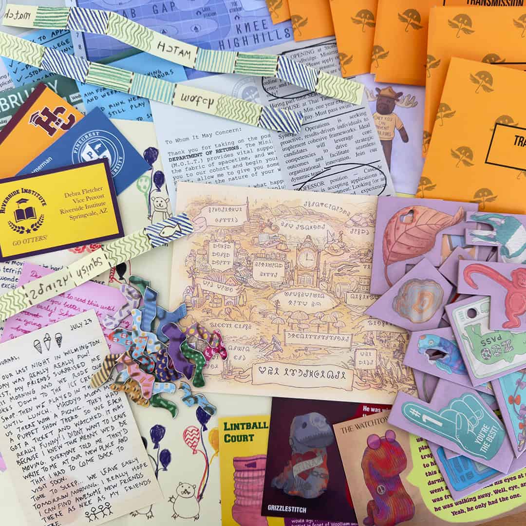 A colorful collage resembling a Narrative Puzzle Game features handwritten notes, stickers, envelopes, and cartoon dinosaur cutouts. A whimsical map is at the center, surrounded by vibrant paper scraps and stationery items, capturing the charm of a Kickstarter project from the Ministry of Lost Things.
