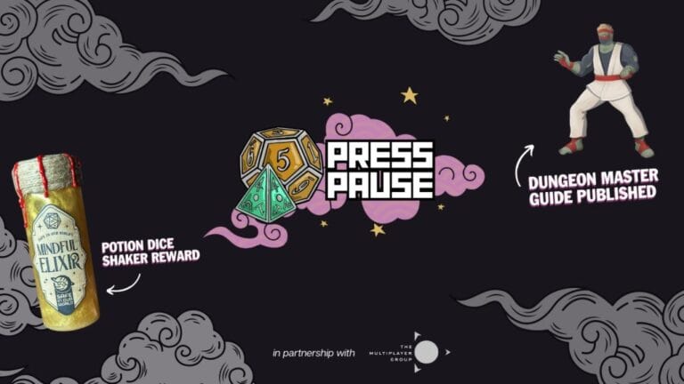 Illustration showcasing a "Press Pause" logo with dice at its heart. To the left, a "Potion Dice Shaker Reward" elixir bottle hints at D&D One-Shot adventures. On the right, a figure stands as the "Dungeon Master Guide Published." Background is adorned with clouds and logos for a Press Pause 2024 Fundraiser.