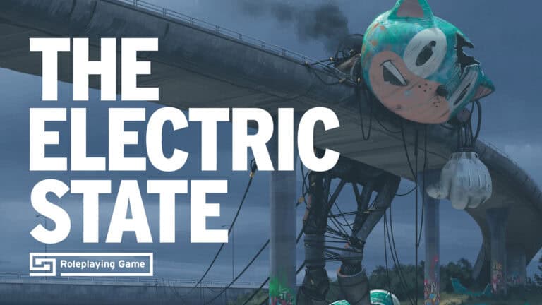 A large, decaying animatronic figure with a cartoonish face looms over a highway, surrounded by industrial structures and cables. The text "The Electric State Roleplaying Game" by Free League Publishing is prominently displayed on the left.