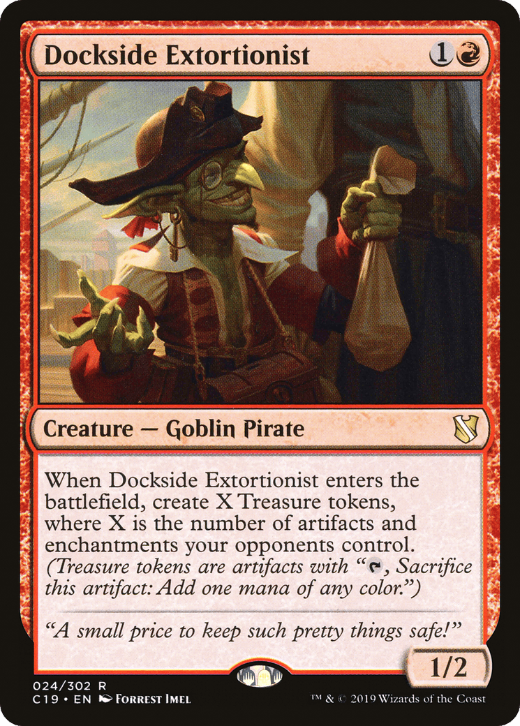 The iconic Magic: The Gathering card, "Dockside Extortionist," is a favorite in the Commander Format. This Goblin Pirate, depicted wearing classic pirate attire and clutching a bulging sack, has the powerful ability to generate Treasure tokens, making it an invaluable asset in gameplay.