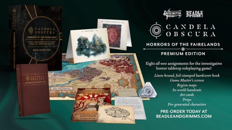 Promotional image for "Candela Obscura: Horrors of the Fairelands Premium Edition" by Beadle & Grimm’s. Features a hardcover book, Game Master's screen, region maps, in-world handouts, art cards, and props. Pre-order details included for this Premium Edition.