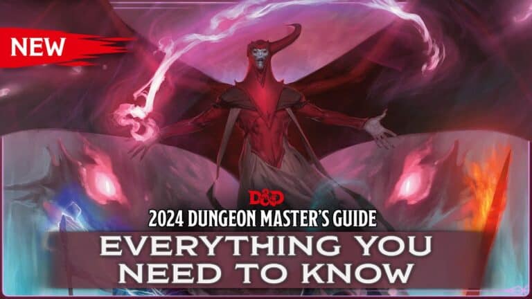 Cover art for the 2024 Dungeon Master's Guide features a mysterious character in red robes with glowing eyes, surrounded by mystical energy. The text reads: "What's New in the 2024 Dungeon Master's Guide: Everything You Need to Know.
