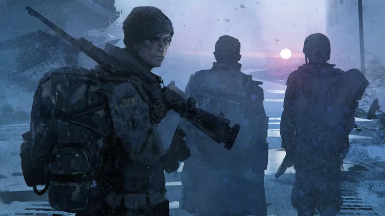 A group of three armed figures dressed in winter gear traverse a snowy, desolate landscape at dusk, reminiscent of a Twilight: 2000 scene. The hazy sky, with the setting sun casting shadows, creates an eerie ambiance as one figure glances back, rifle slung over their shoulder.