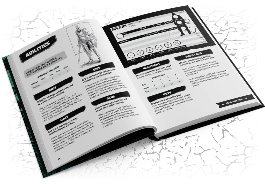 The open role-playing game book invites you into its world. The left page details abilities like Grit, Grip, Glum, and Gait, while the right reveals a Dungeon Sprint character sheet with stats and gear on a white cracked background, perfect for any RPG enthusiast.