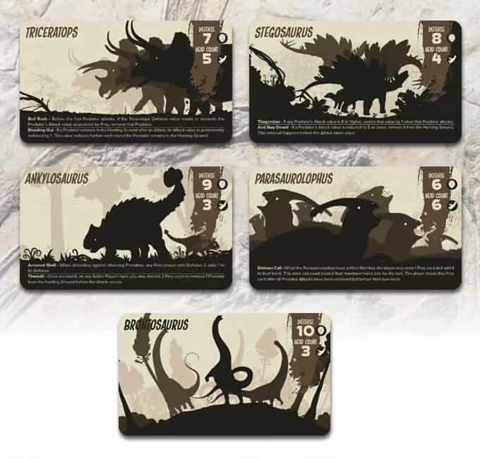 Silhouettes of five dinosaur cards—Triceratops, Stegosaurus, Ankylosaurus, Parasaurolophus, and Brontosaurus—each with stats like Defense and Herd Count against a beige textured background. This thrilling card game blends dinosaur survival tactics with strategic play.