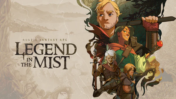 The illustrated cover of "Legend in the Mist" captures the essence of storytelling within a fantasy RPG. It features a group of characters, armed with swords and adventure gear, set against a misty forest background. The rustic art style evokes an adventurous and epic quest.