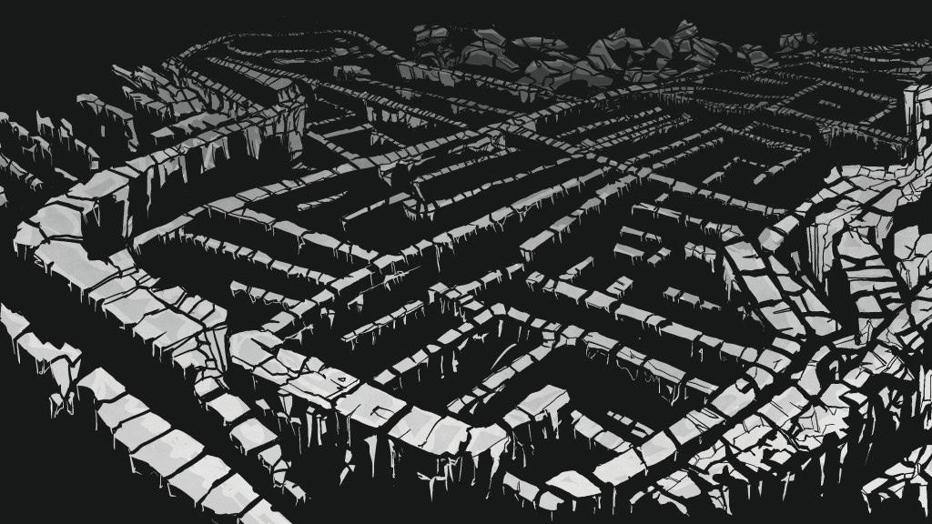 A detailed, dark stone maze with high, jagged walls and a complex network of pathways stretches across the image. Resembling the eerie terrains of RipCrypt, this Dungeon Sprint RPG setting exudes an ominous appearance, with shadows adding depth and mystery.
