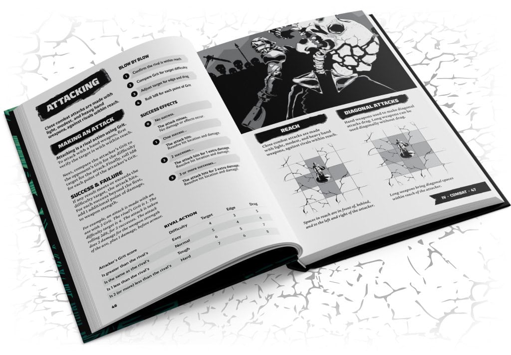 Open RPG rulebook revealing "Attacking" and "Diagonal Attacks." Features charts, text instructions, and black-and-white illustrations of warriors ready for a Dungeon Sprint. Pages rest on a cracked white surface.