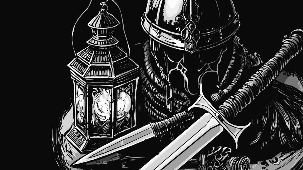 A black-and-white illustration of a warrior in armor, reminiscent of a character from Dungeon Sprint RPG, holding a lantern in one hand and a sword in the other. The lantern emits a soft glow against the dark backdrop, highlighting the detailed armor and weaponry, perfect for showcasing on Kickstarter.