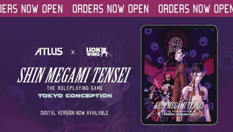 Promotional image for "Shin Megami Tensei: Tokyo Conception," a roleplaying game featuring character artwork on a tablet screen. Text reads, "Orders Now Open" and "Digital Version Now Available," with Atlus and Lionwing logos.