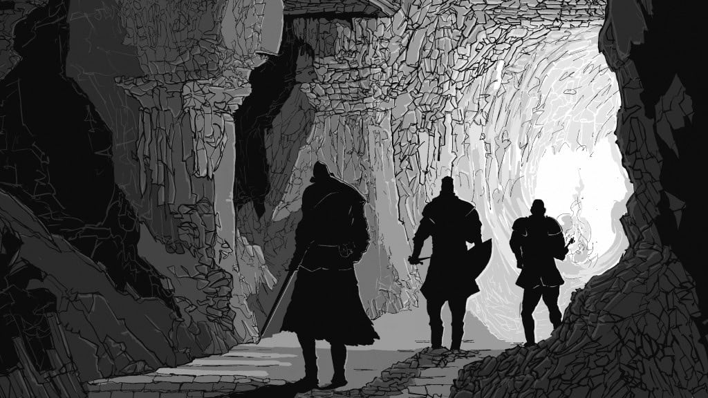 Silhouetted figures explore a rocky cave with a bright opening at the end. The scene is rendered in monochrome, highlighting the contrast between the dark cave interior and the light from outside. The figures seem to be embarking on a mysterious RipCrypt journey, like an immersive Dungeon Sprint RPG.