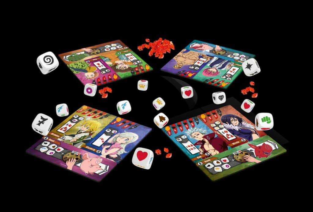 A board game setup with four detailed player boards featuring colorful characters reminiscent of anime titles. Various dice and small red tokens are scattered across the scene, set against a black background, echoing the signature style of Japanime Games.